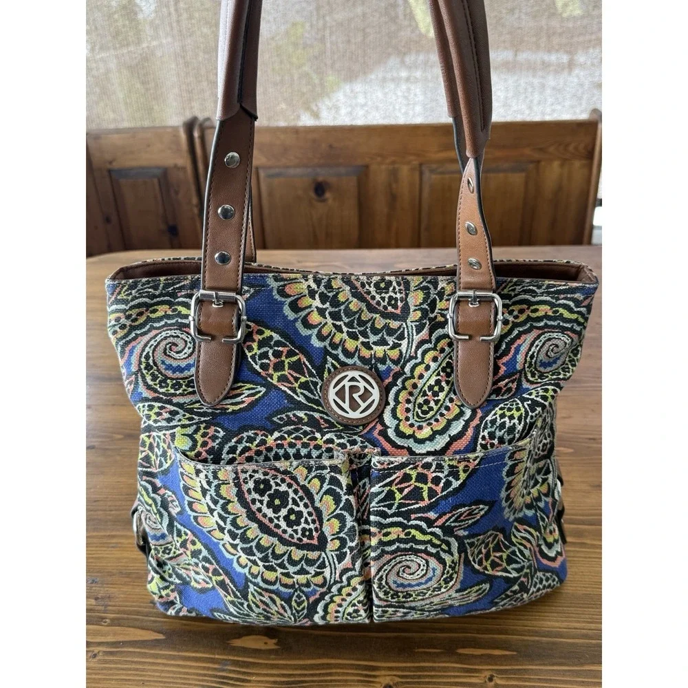 Vintage Relic Purse Tote Blue & Brown Canvas Bohemian Geometric